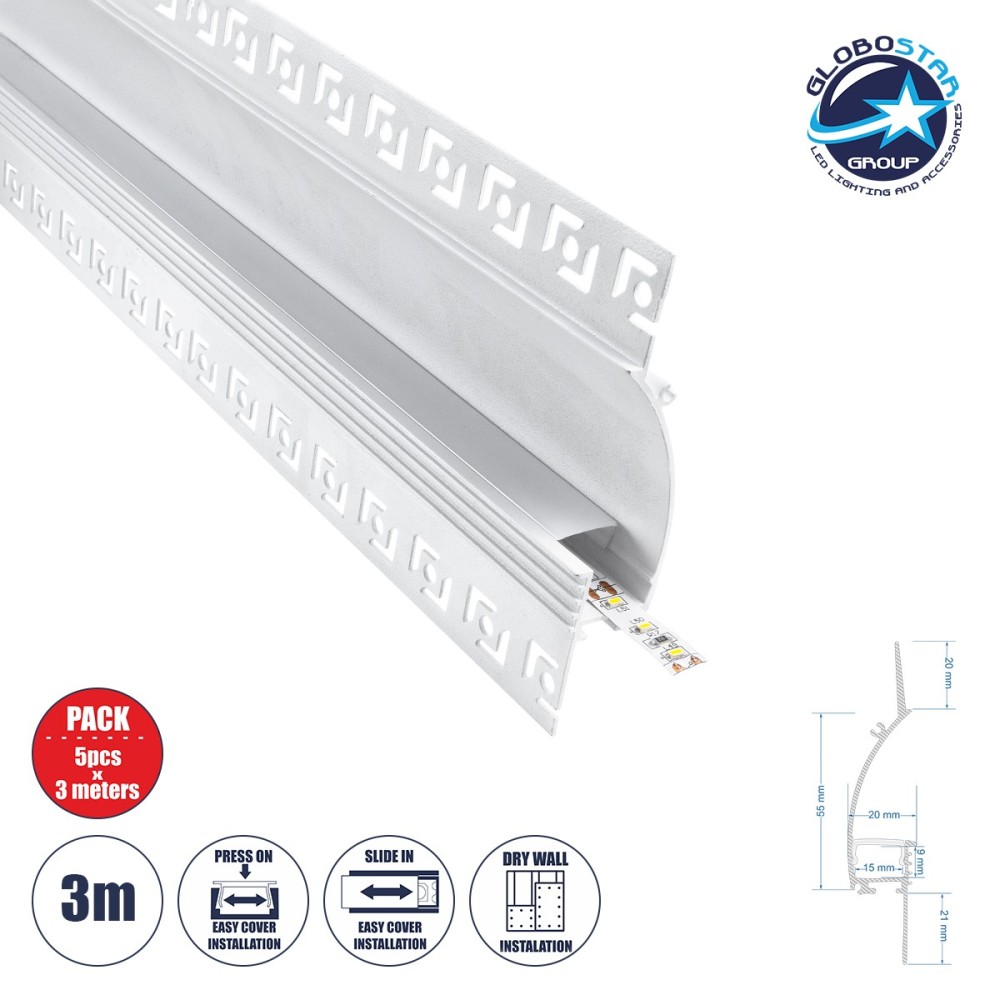 GLOBOSTAR® ALP-PLASTERIN GYPSO 70840-3M Χωνευτό Προφίλ Αλουμινίου Ειδικό για Δημιουργία Κρυφού Φωτισμού σε Γυψοσανίδα με Λευκό Γαλακτερό Πατητό Κάλυμμα για Ταινίες LED IP20 - Ασημί & Λευκό - Μ300 x Π9.7 x Υ2cm - Πακέτο 5 Τεμαχίων